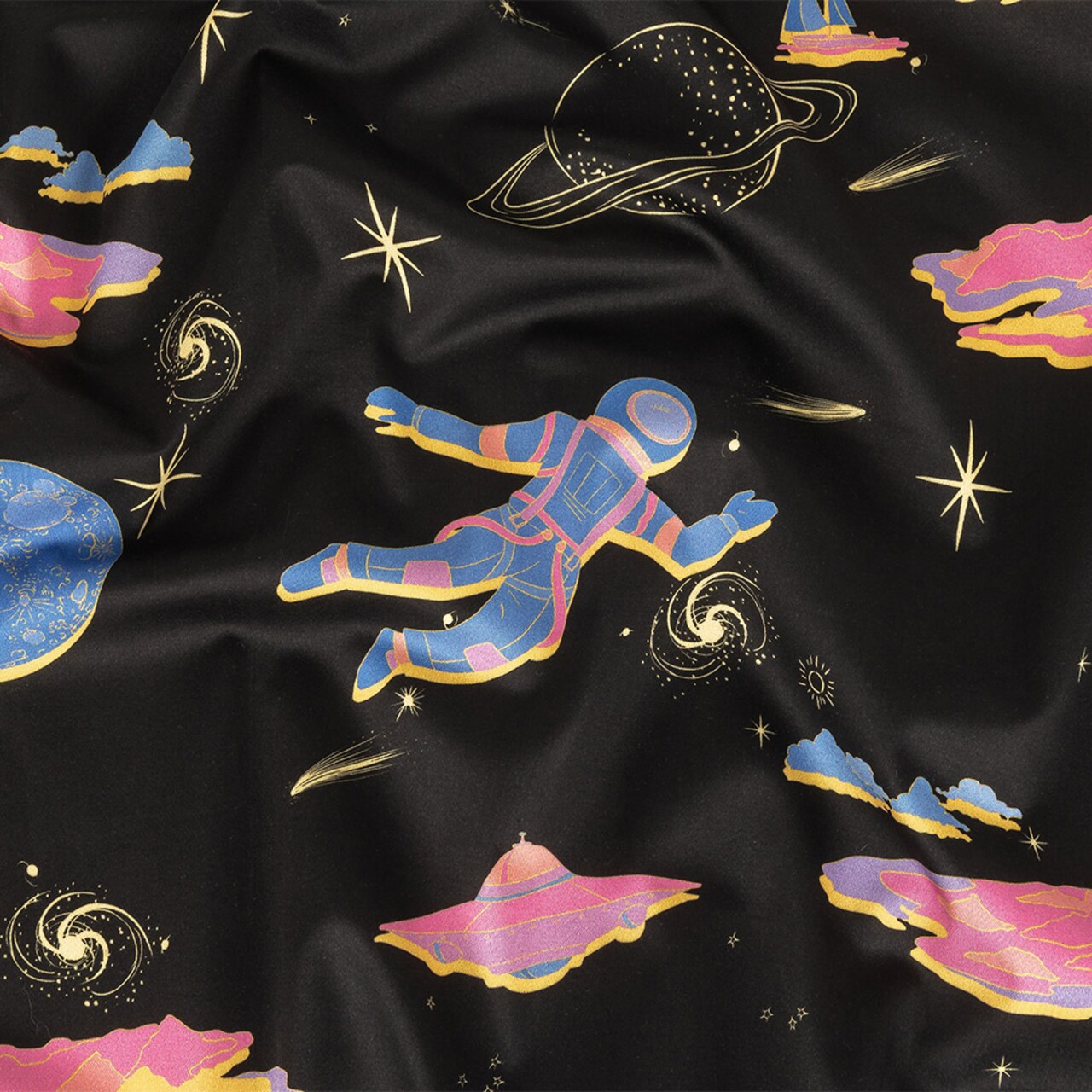 1 Yard Black Pink and Blue Astronauts in Space Stretch Cotton Sateen Fabric